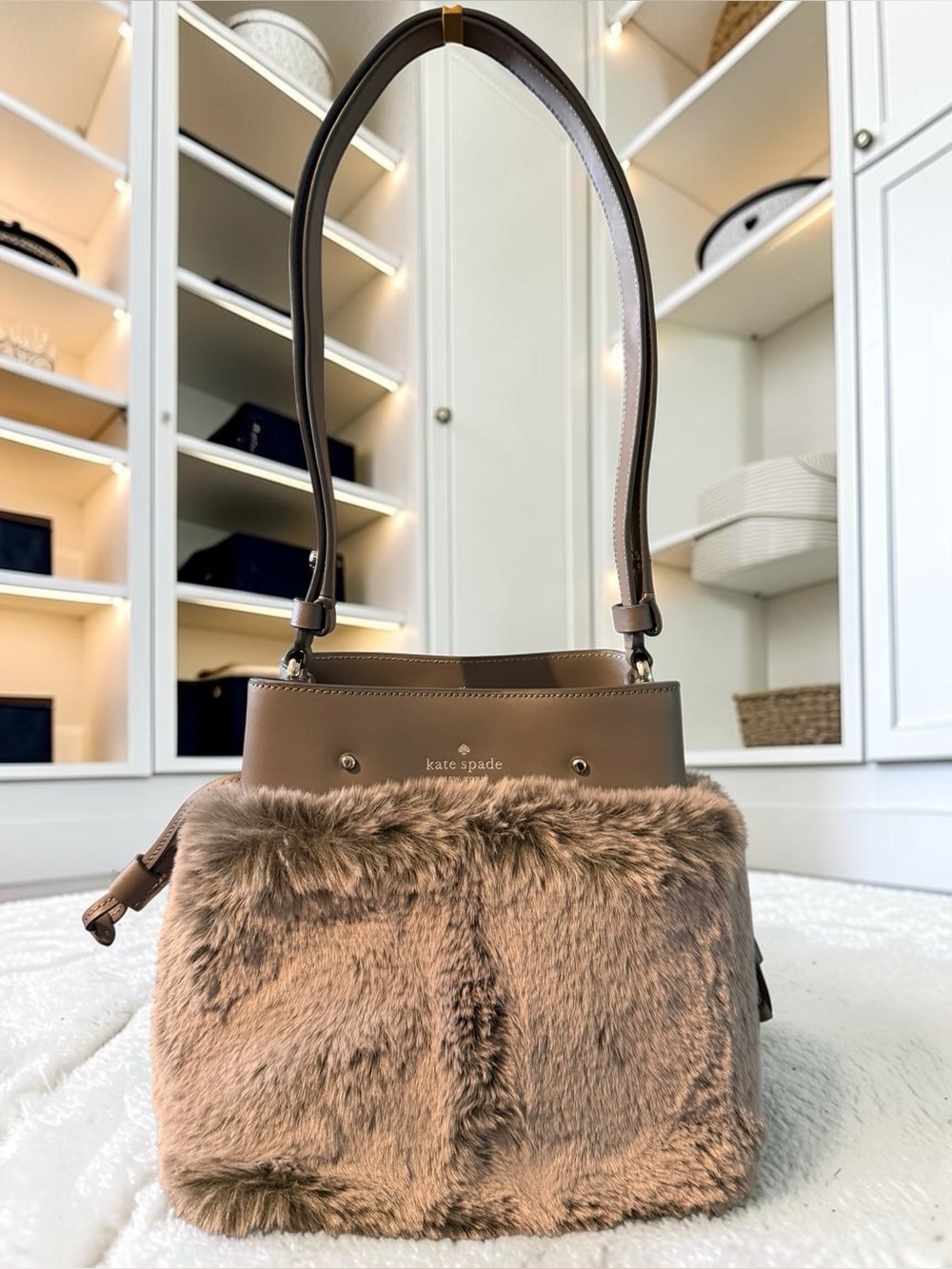 Kate Spade Faux Fur Bucket Bag in Taupe Brown - Designer Style - Picture 3 of 6
